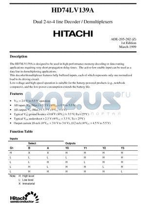 HD74LV139A datasheet - Dual 2-to-4 line Decoder / Demultiplexers