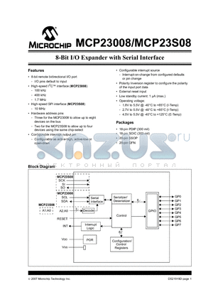 MCP23S08T-E/SS datasheet - 8-Bit I/O Expander with Serial Interface