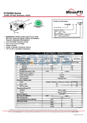 K1523BAM-R datasheet - 14 DIP, 5.0 Volt, Sinewave, VCXO