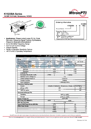 K1523BA-R datasheet - 14 DIP, 5.0 Volt, Sinewave, VCXO