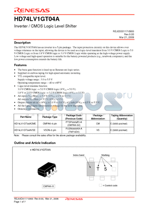 HD74LV1GT04ACME datasheet - Inverter / CMOS Logic Level Shifter