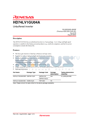 HD74LV1GU04ACME datasheet - Unbuffered Inverter