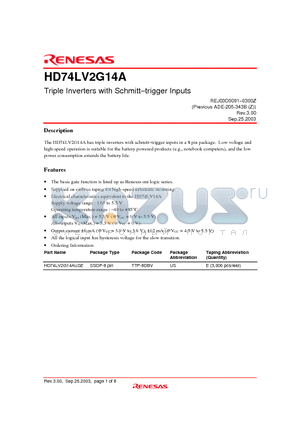 HD74LV2G14AUSE datasheet - Triple Inverters with Schmitt-trigger Inputs