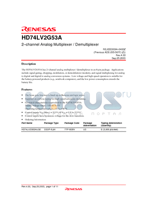 HD74LV2G53A datasheet - 2-channel Analog Multiplexer / Demultiplexer