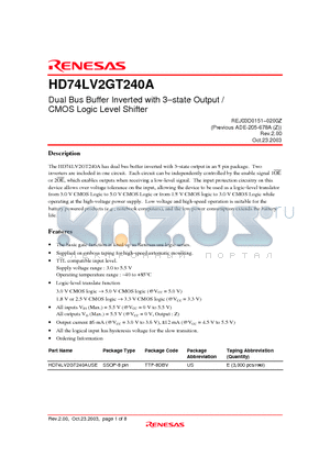 HD74LV2GT240A datasheet - Dual Bus Buffer Inverted with 3-state Output / CMOS Logic Level Shifter