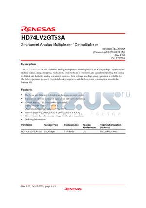 HD74LV2GT53AUSE datasheet - 2-channel Analog Multiplexer / Demultiplexer