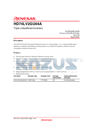 HD74LV2GU04AUSE datasheet - Triple Unbuffered Inverters
