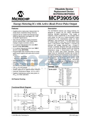 MCP3906-I/SS datasheet - Energy-Metering ICs with Active (Real) Power Pulse Output