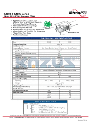 K1601 datasheet - 14 pin DIP, 5.0 Volt, Sinewave, TCXO