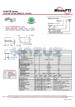 K1601TEW datasheet - 14 pin DIP, 5.0 Volt, CMOS/TTL, TCVCXO