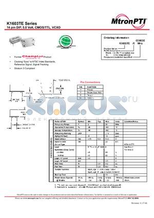 K1603TE-R datasheet - 14 pin DIP, 5.0 Volt, CMOS/TTL, VCXO