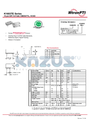 K1603TE-R datasheet - 14 pin DIP, 5.0 Volt, CMOS/TTL, VCXO