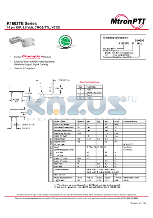 K1603TE_06 datasheet - 14 pin DIP, 5.0 Volt, CMOS/TTL, VCXO