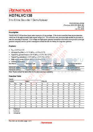 HD74LVC138 datasheet - 3-to-8-line Decoder / Demultiplexer