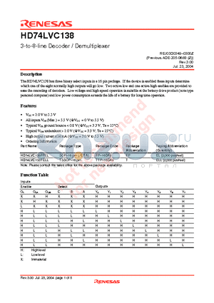 HD74LVC138TELL datasheet - 3-to-8-line Decoder / Demultiplexer