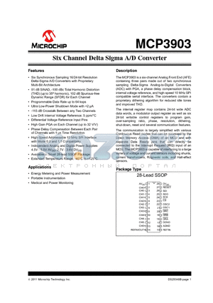 MCP3903 datasheet - Six Channel Delta Sigma A/D Converter