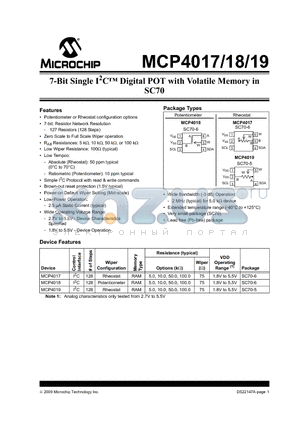 MCP4017T-103E/LT datasheet - 7-Bit Single I2C Digital POT with Volatile Memory in SC70