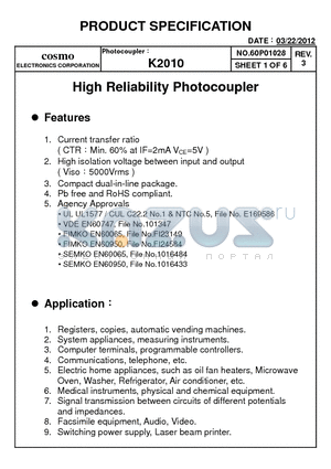 K2010 datasheet - High Reliability Photocoupler