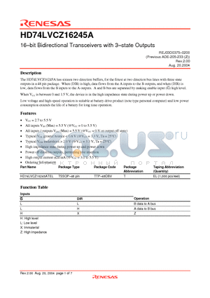 HD74LVCZ16245ATEL datasheet - 16-bit Bidirectional Transceivers with 3-state Outputs