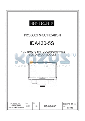 HDA430-5S datasheet - 4.3, 480x272 TFT COLOR GRAPHICS LCD DISPLAY MODULE