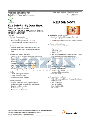 K22P80M50SF4 datasheet - K22 Sub-Family Data Sheet