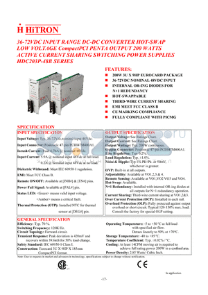 HDC203P-48B datasheet - 36-72VDC INPUT RANGE DC-DC CONVERTER HOT-SWAP LOW VOLTAGE CompactPCI PENTA OUTPUT 200 WATTS ACTIVE CURRENT SHARING SWITCHING POWER SUPPLIES