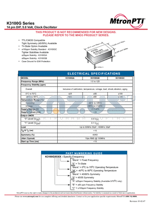 K3100GC datasheet - 14 pin DIP, 5.0 Volt, Clock Oscillator