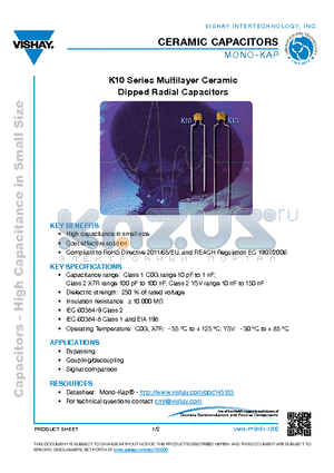 K331J10C0GH53L2 datasheet - K10 Series Multilayer Ceramic Dipped Radial Capacitors