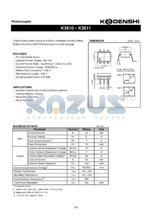 K3610 datasheet - Photocoupler(These Photocouplers consist of a Gallium Arsenide Infrared Emitting)