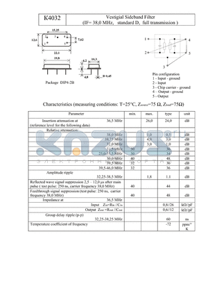 K4032 datasheet - Vestigial Sideband Filter (IF= 38,0 MHz, standard D, full transmission )