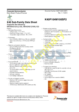 K40P104M100SF2 datasheet - K40 Sub-Family Data Sheet