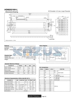 HDM20216H-L datasheet - 20 Character x 2 Lines, Large Character