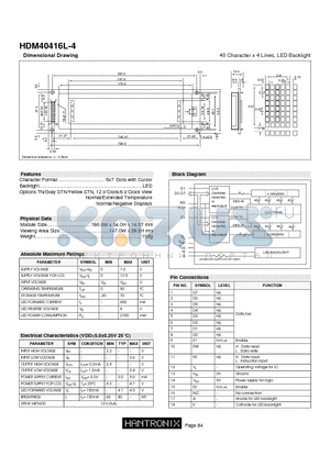 HDM40416L-4 datasheet - 40 Character x 4 Lines, LED Backlight