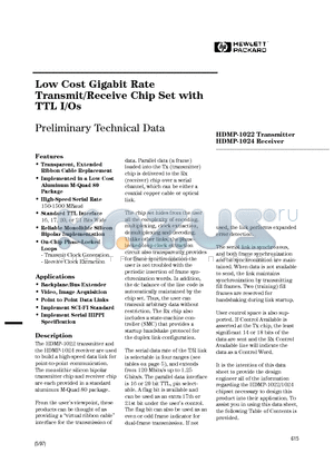 HDMP-1024 datasheet - Low Cost Gigabit Rate Transmit/Receive Chip Set with TTL I/Os