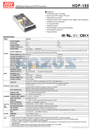 HDP-190 datasheet - 190W Dual Output with PFC Function