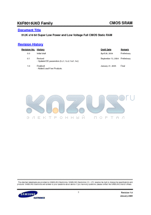 K6F8016U6D-FF70 datasheet - 512K x16 bit Super Low Power and Low Voltage Full CMOS Static RAM