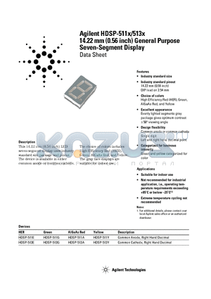 HDSP-513G-HI000 datasheet - 14.22 mm (0.56 inch) General Purpose Seven-Segment Display