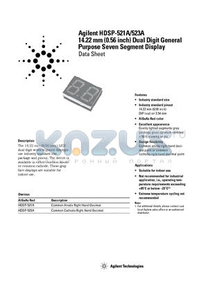 HDSP-521A datasheet - 14.22 mm (0.56 inch) Dual Digit General Purpose Seven Segment Display
