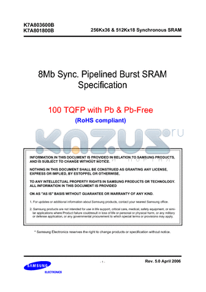 K7A803600B datasheet - 256Kx36 & 512Kx18 Synchronous SRAM