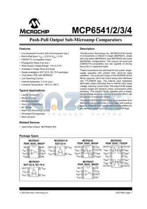 MCP6541 datasheet - Push-Pull Output Sub-Microamp Comparators