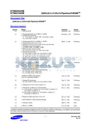 K7N803645M datasheet - 256K X 36 & 512K X 18 PIPELINED N-T RAM - TM