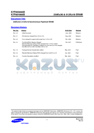 K7P803666B datasheet - 256Kx36 AND 512Kx18 Synchronous Pipelined SRAM