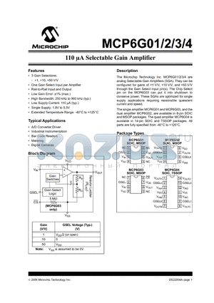 MCP6G04 datasheet - 110 lA Selectable Gain Amplifier