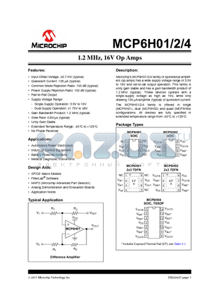 MCP6H01 datasheet - 1.2 MHz, 16V Op Amps Input Offset Voltage: a0.7 mV (typical)
