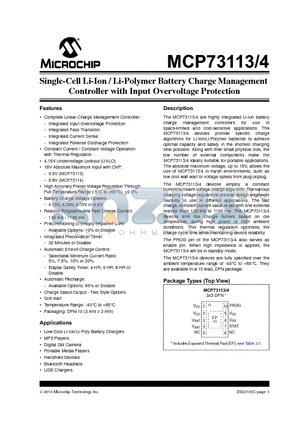MCP73113_10 datasheet - Single-Cell Li-Ion / Li-Polymer Battery Charge Management Controller with Input Overvoltage Protection