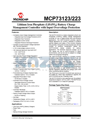 MCP73223 datasheet - Lithium Iron Phosphate (LiFePO4) Battery Charge Management Controller with Input Overvoltage Protection