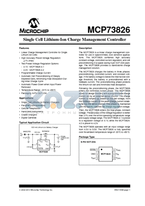 MCP73826 datasheet - Single Cell Lithium-Ion Charge Management Controller
