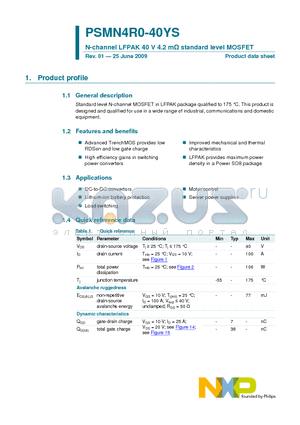 PSMN4R0-40YS datasheet - N-channel LFPAK 40 V 4.2 mY standard level MOSFET