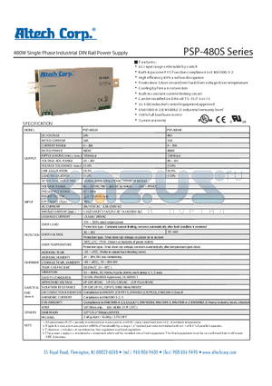 PSP-480S datasheet - 480W Single Phase Industrial DIN Rail Power Supply