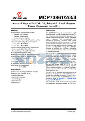MCP73861_13 datasheet - Advanced Single or Dual Cell, Fully Integrated Li-Ion/Li-Polymer Charge Management Controllers